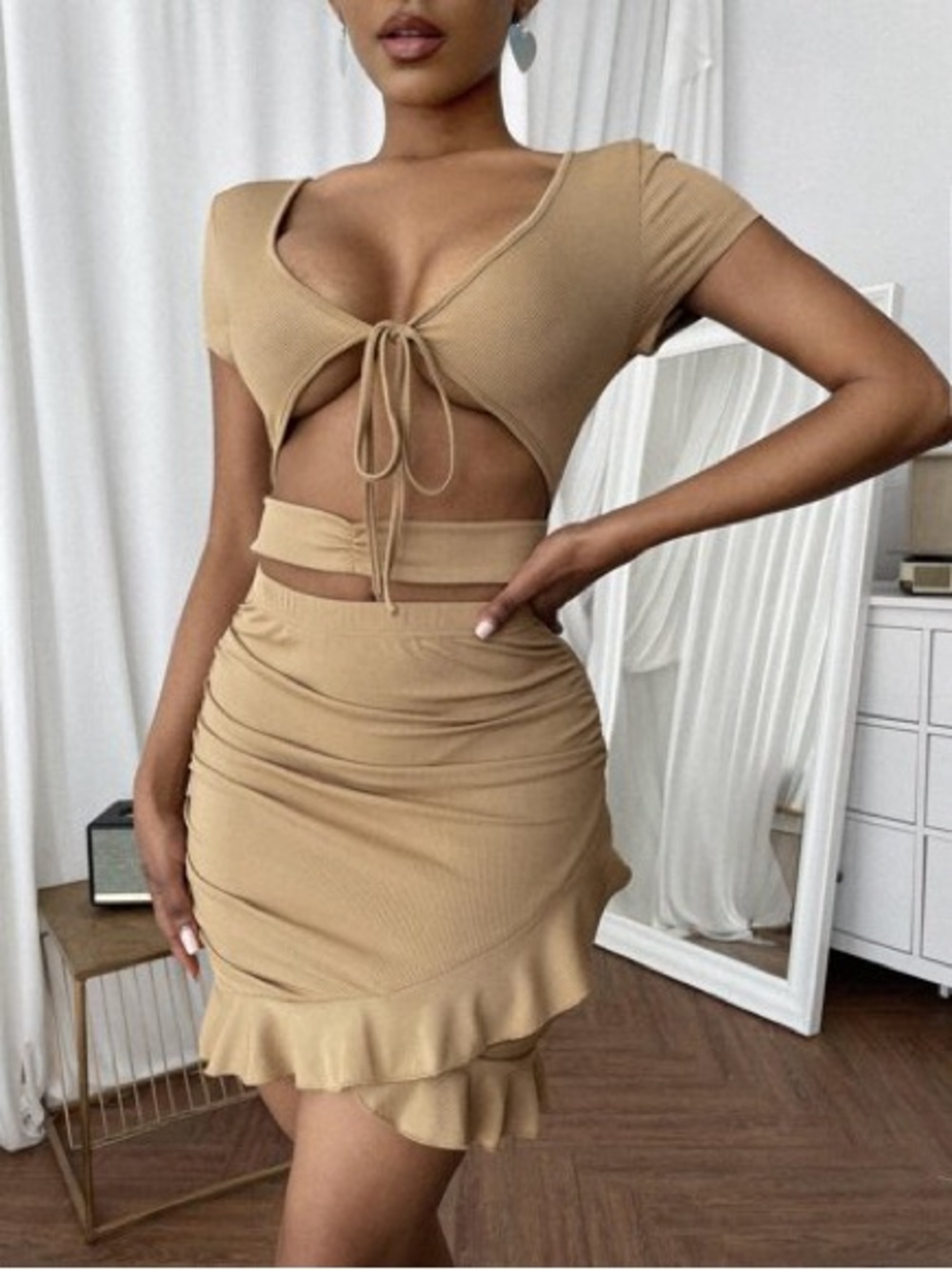 Women's Tan Ruffle-Hem Tie-Front Skirt Set